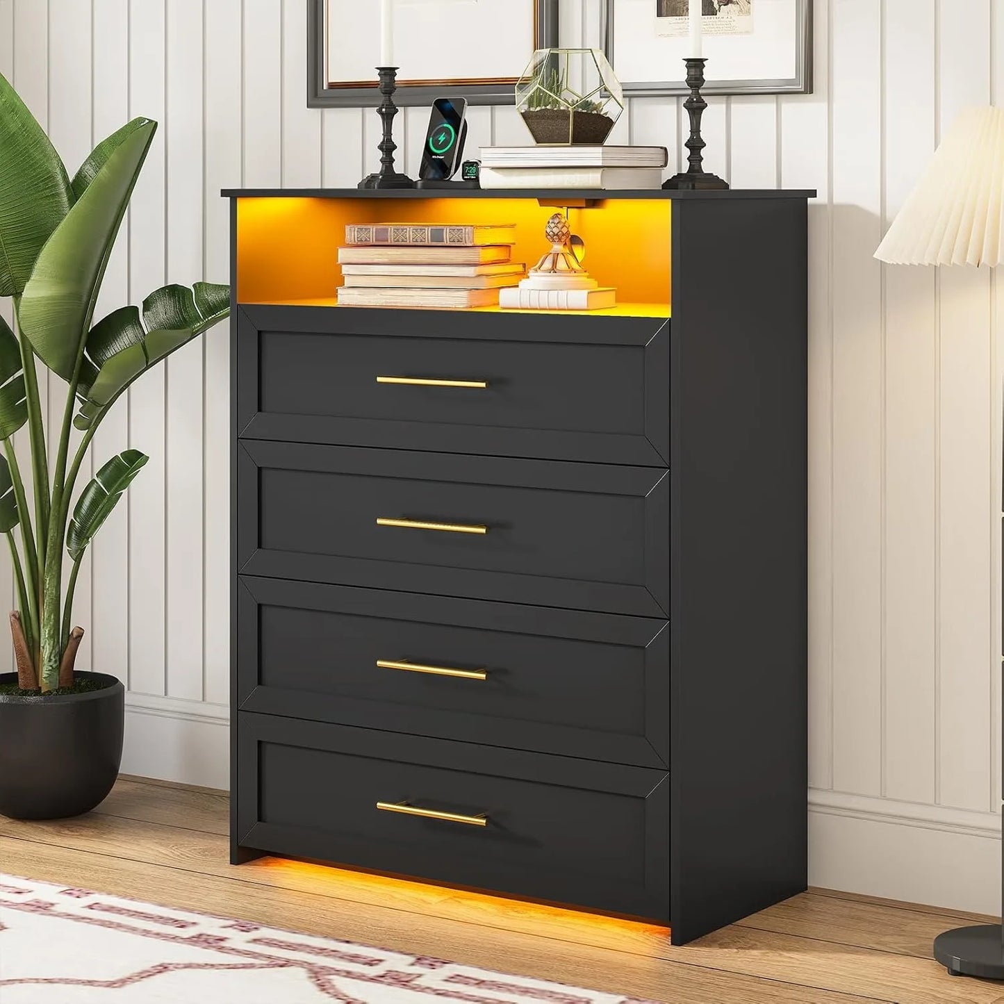 4 Drawer Dresser with Charging Station, Tall Dresser with LED Lights for Bedroom