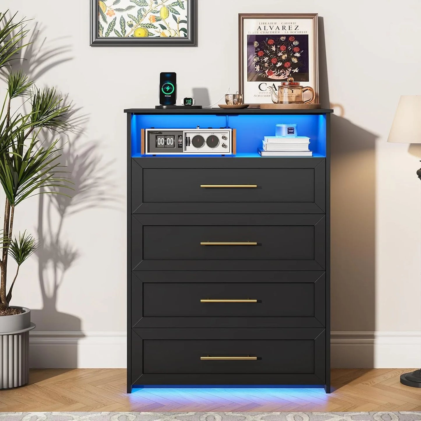 4 Drawer Dresser with Charging Station, Tall Dresser with LED Lights for Bedroom