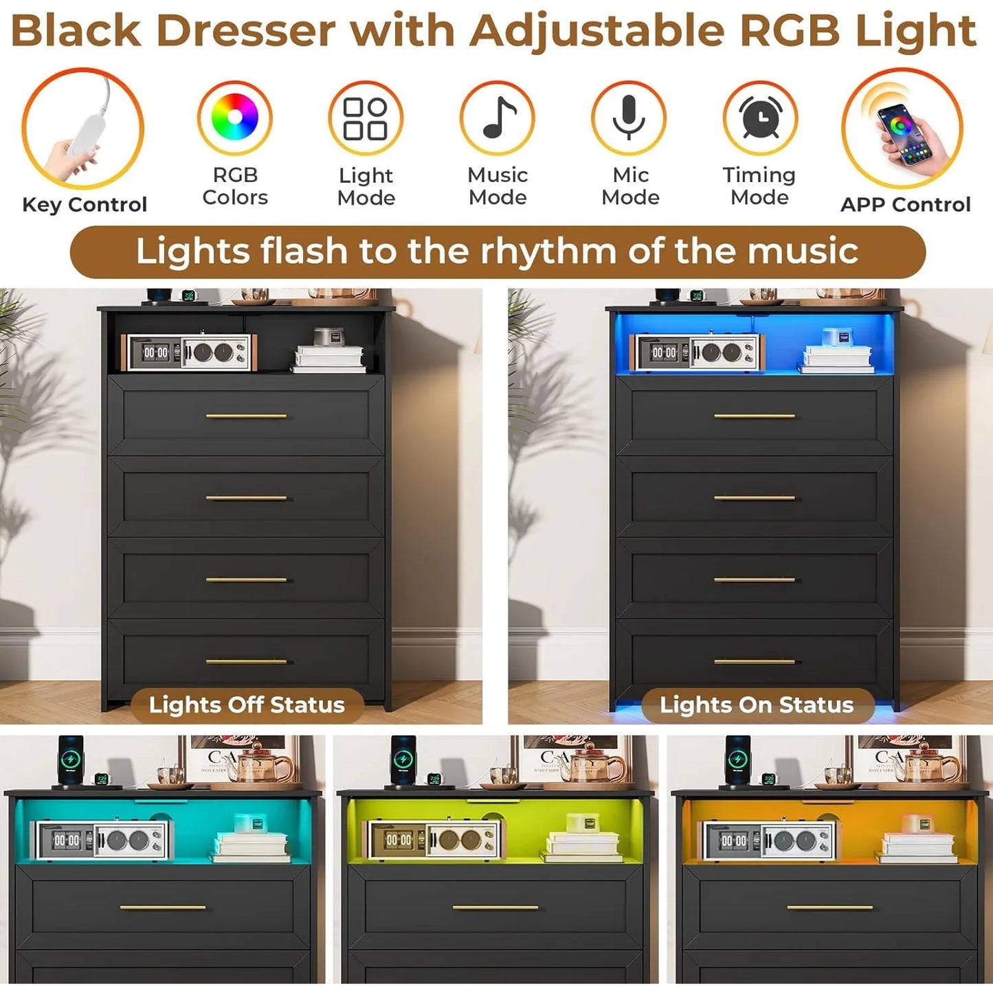 4 Drawer Dresser with Charging Station, Tall Dresser with LED Lights for Bedroom